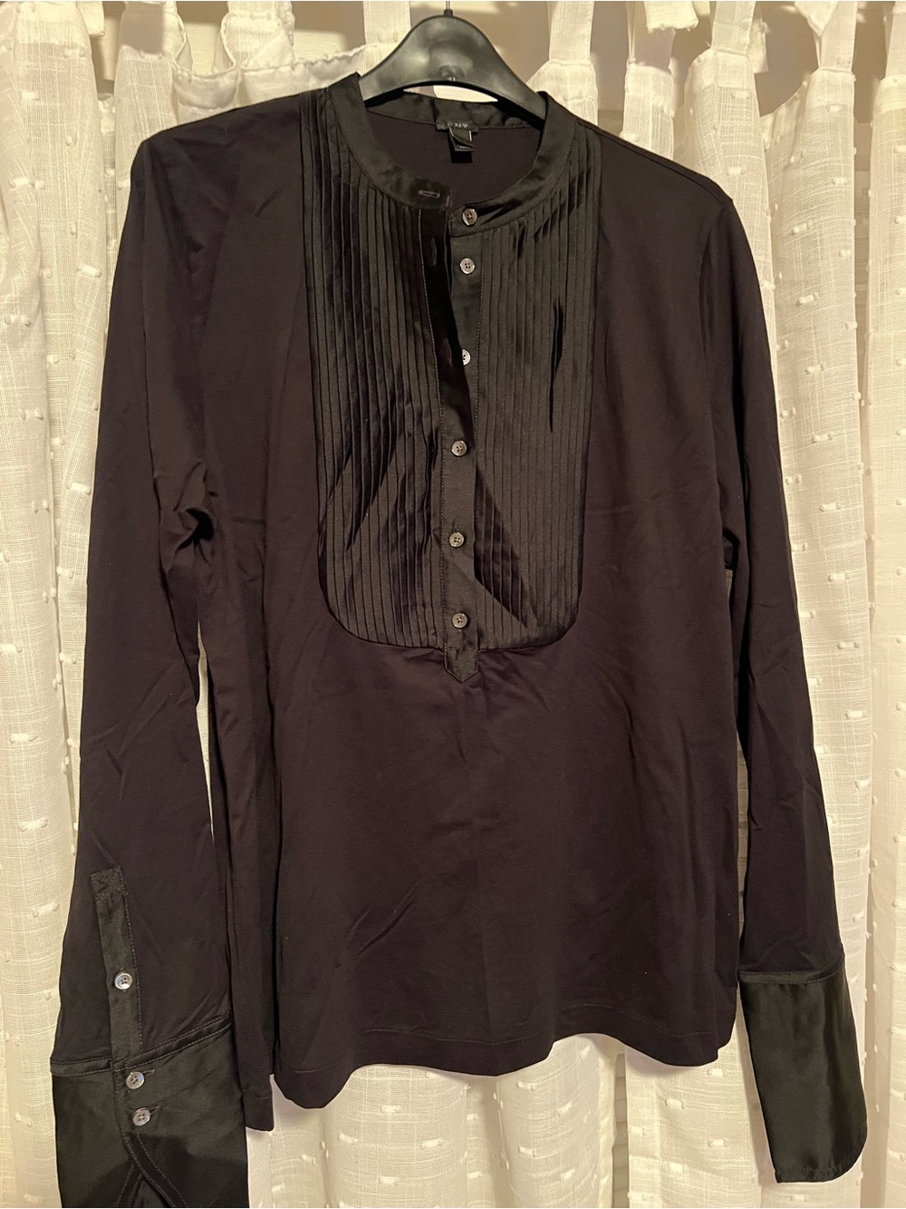 J. Crew Black Pleated Bib Button-Front Blouse
